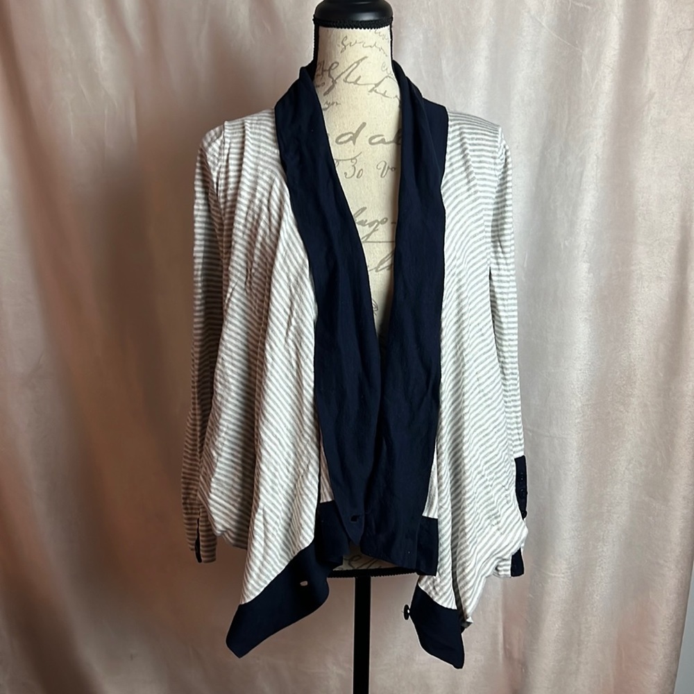 360 Sweater Women's Cotton Silk Navy Blue Cream Cardigan Size S - Picture 3 of 8
